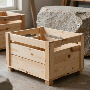 Custom wooden crates being hand-built around a large stone architectural salvage piece, soft natural workshop light