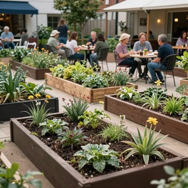 A vibrant community courtyard with raised garden beds and residents talking in the background.