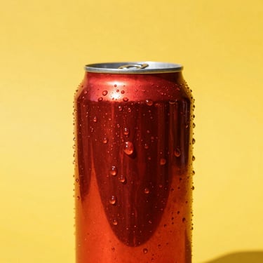 Vibrant pop-art close-up of a deep red soda can dripping with ice water, set against a solid sunny yellow background, high-contrast direct sunlight