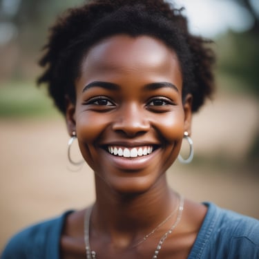 A smiling woman holding a birugood package with a green forest background.