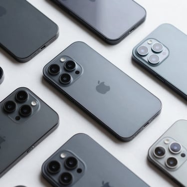 Top-down macro shot of a batch of premium slate-gray smartphones arranged neatly on a clean white technical surface, even cool lighting.