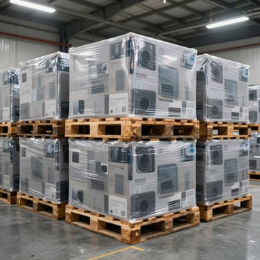 Shrink-wrapped pallets of branded consumer electronics inside a secure logistics facility, bright commercial lighting, wide angle.