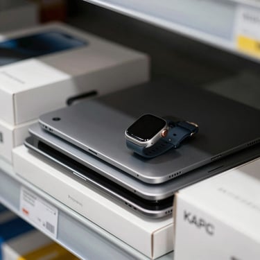 Close-up of premium tablet devices and smartwatches neatly stacked on a secure warehouse shelf, clean corporate packaging, cool lighting.