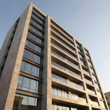Dramatic low-angle shot of a completed modern commercial facade in New Cairo, golden hour sunlight reflecting off crisp glass and concrete structural details, wide-angle lens.