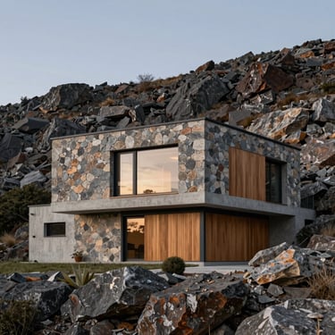 Modern residence built with local stone and dark steel, integrated perfectly into a rocky hillside landscape, dusk light