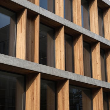 Detail of a modern glass facade with warm wood panels, clean geometric lines, soft sunlight, Hasselblad 80mm