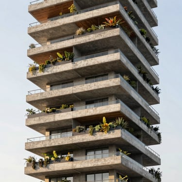 High-rise residential tower with cantilevered concrete terraces and hanging gardens, architectural perspective looking up