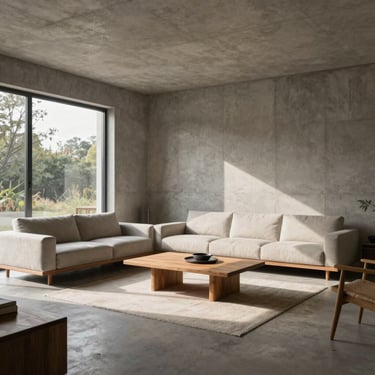 Interior of a spacious living room with raw concrete walls, minimalist furniture, large windows showing nature, soft daylight