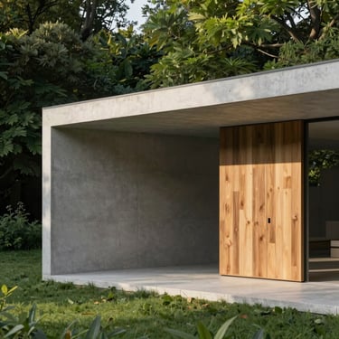 Minimalist concrete pavilion surrounded by lush green foliage, soft afternoon shadows, architectural photography
