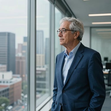 A portrait of a male senior researcher in a modern North American / US office with glass walls, looking thoughtfully toward a city skyline, dressed in steel blue professional attire.
