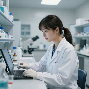 A portrait of a professional female scientist in clinical lab attire looking at data in a bright, modern North American / US research lab with steel blue and soft grey accents.