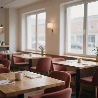 A cozy Scandinavian-style restaurant dining room, soft morning light through large windows, wooden tables, minimalist decor, 35mm