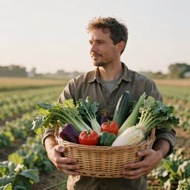 A local farmer holding a basket of fresh organic vegetables in a sunlit field, warm natural lighting, 35mm