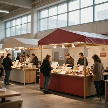 A modern bustling gastronomic market hall with artisanal food stalls, warm ambient lighting, 35mm