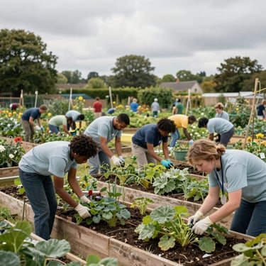 A diverse group of volunteers working in a community garden in East Oxford, natural overcast daylight, mid-shot composition.