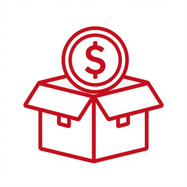 red line art icon of an open cardboard box with a dollar sign coin representing shipping costs.