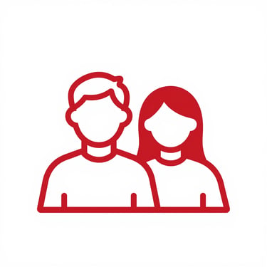 red minimalist outline icon of two people silhouettes representing a community or user group.