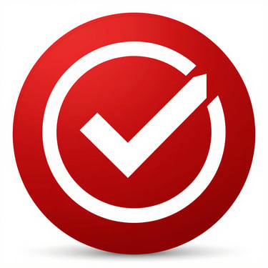 A red circular icon featuring a white checkmark inside a ring, symbolizing verification or success.