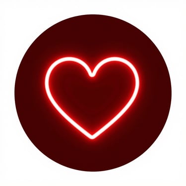 A red neon heart outline icon centered on a dark black circular background.