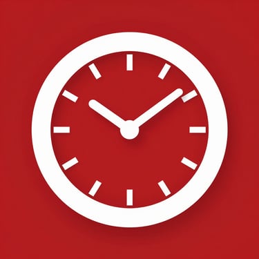 A white analog clock icon representing time management on a solid blue circular background.