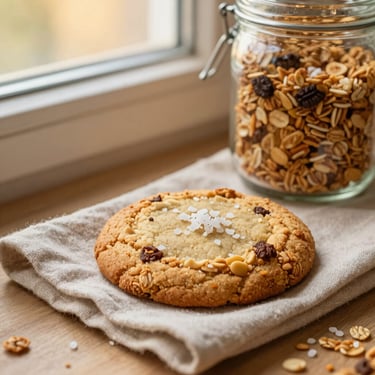 A golden-brown house-baked cookie with sea salt flakes resting on a linen napkin next to a jar of homemade granola, warm rustic lighting