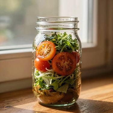 Close-up of a vibrant, layered mason jar salad, colorful heirloom tomatoes, crisp greens, and house vinaigrette at the bottom, warm natural window light