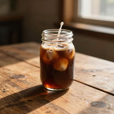 Condensation-beaded glass mason jar filled with dark cold brew coffee and a splash of oat milk, sitting on a rustic wooden table, golden-hour sun