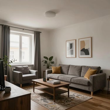 A bright, freshly painted living room with soft natural tones and clean edges, bathed in warm sunlight.