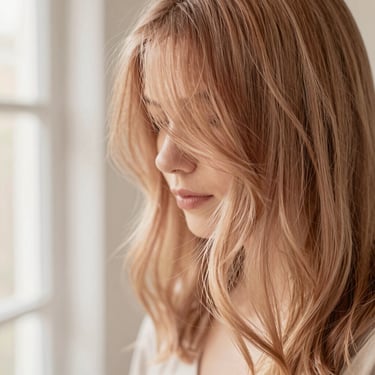 Close-up of hand-painted balayage hair texture, soft warm golden-hour light, shallow depth of field.