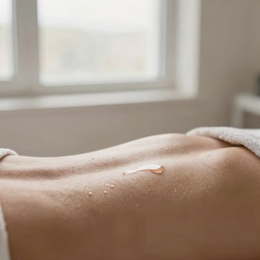 Macro shot of glowing skin post-treatment, soft natural window light, muted beige tones.