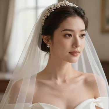 Elegant details of bridal veil and soft makeup styling, warm editorial aesthetic, shallow depth of field.