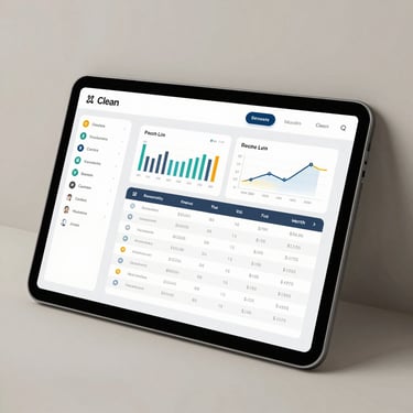 Clean browser mockup of a modern business management SaaS interface, light theme, showing structured financial charts and client schedules, soft drop shadow, neutral background.