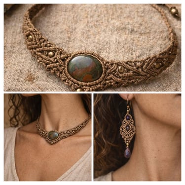  Conjunto de joyas de macramé bohemio hecho a mano que incluye un collar gargantilla de piedras