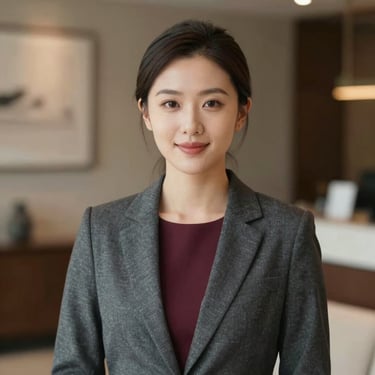 Portrait of a sophisticated female client in a high-end rental setting, wearing charcoal grey and burgundy tones, soft lighting, professional and approachable hospitality mood.