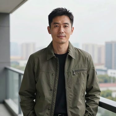 A professional property owner standing near a modern balcony with city views, wearing a matte smoky olive jacket, projecting trust and sophisticated success.