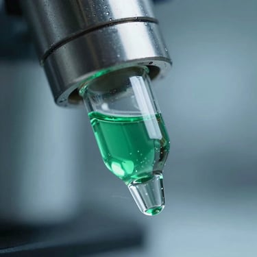 Macro close-up of a high-precision chromatography column, cool clinical lighting, emerald-green highlights, crisp glass and metal textures.