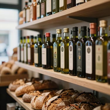 A beautifully organized modern market shelf with artisanal olive oils and fresh bread, warm lighting, shallow depth of field.