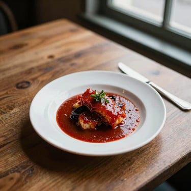 Overhead flat-lay of a rustic restaurant table, soft side-lighting, a plated dish with rich crimson sauce, warm editorial photography.