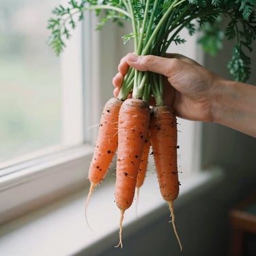 Hands holding freshly harvested heirloom carrots with dirt still on them, soft natural window light, 35mm film style.