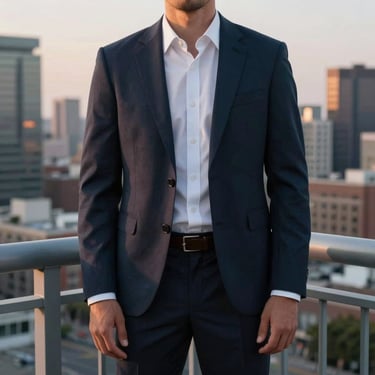 Portrait photography of a person in a smart-casual outfit standing on a balcony with a city view, North American / US setting, evening lighting.