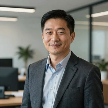 Portrait photography of a professional person in a modern North American office setting, smiling subtly, soft professional lighting.