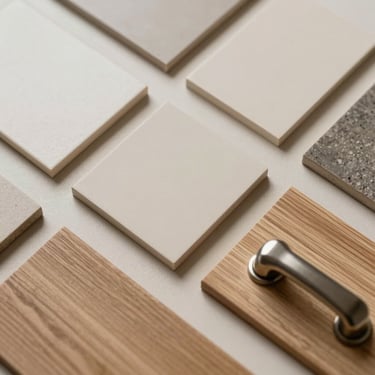 Close-up overhead flat-lay of material samples arranged on a light surface — tile swatches, paint finish chips, wood veneer strips, hardware handle, all in warm neutral tones, soft overcast studio light, no text or labels visible