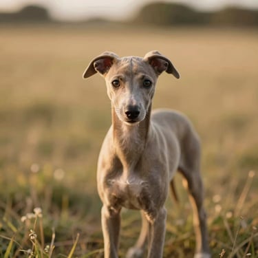 Delicate fawn Italian Greyhound puppy looking at the camera, warm golden-hour light in a meadow
