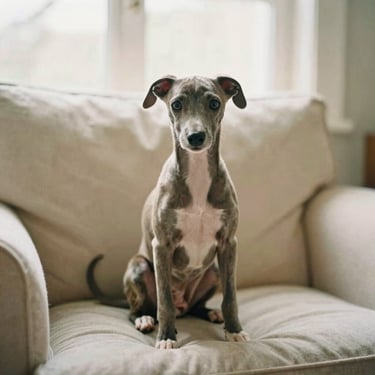 Italian Greyhound puppy sitting on an elegant linen sofa, warm window light, close-up, soft focus