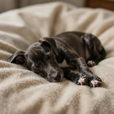 Sleek black Italian Greyhound puppy sleeping peacefully on a warm wool blanket, soft natural light