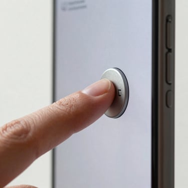 Close-up of a finger pressing a large mute toggle button on an Android phone screen, the button state changing to active, minimal UI, white background, soft indoor daylight, tight crop