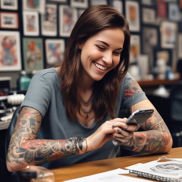 A cheerful woman in her thirties enjoying a sunny outdoor café.