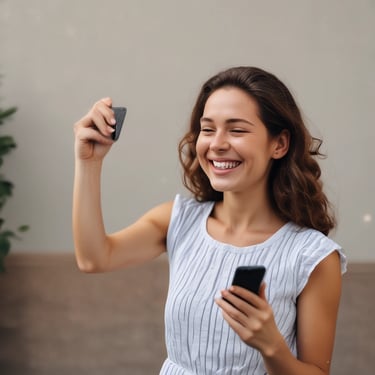 A cheerful woman in her thirties enjoying a sunny outdoor café.