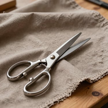 Detail of silver shears cutting through heavy warm taupe cotton fabric on a wooden atelier table, soft side lighting