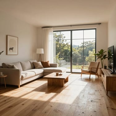 Sala de estar ampla com piso de madeira clara e grande janela revelando luz natural da tarde